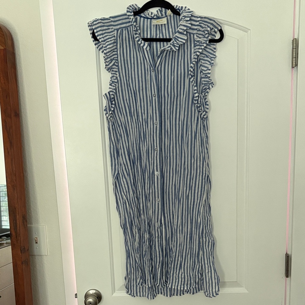 Anthropologie Maeve Blue & White Striped Ruffle-Sleeve Blouse